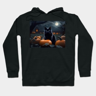 Black cat in a pumpkin patch at midnight Hoodie